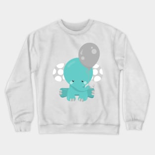 Elephant With Balloon, Blue Elephant, Cute Animal Crewneck Sweatshirt